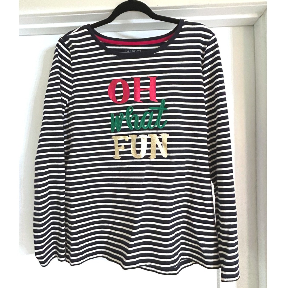 Talbots Womens Navy White Striped Oh What Fun Holiday Long Sleeve Shirt Large